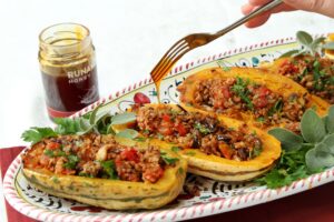 Roasted Delicatas Stuffed with Beef or Bulgur and Drizzled with Hot Honey Roasted Delicatas Stuffed with Beef or Bulgur and Drizzled with Hot Honey