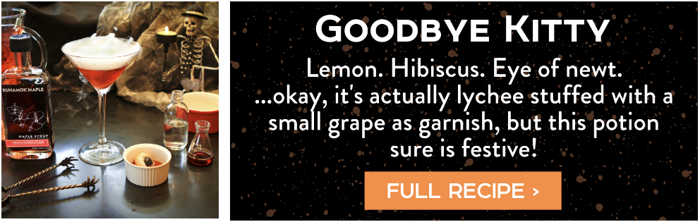 Goodbye Kitty recipe tile - Lemon. Hibiscus. Eye of newt. ...okay, it's actually lychee stuffed with a small grape as garnish, but this potion sure is festive! Full Recipe > 
